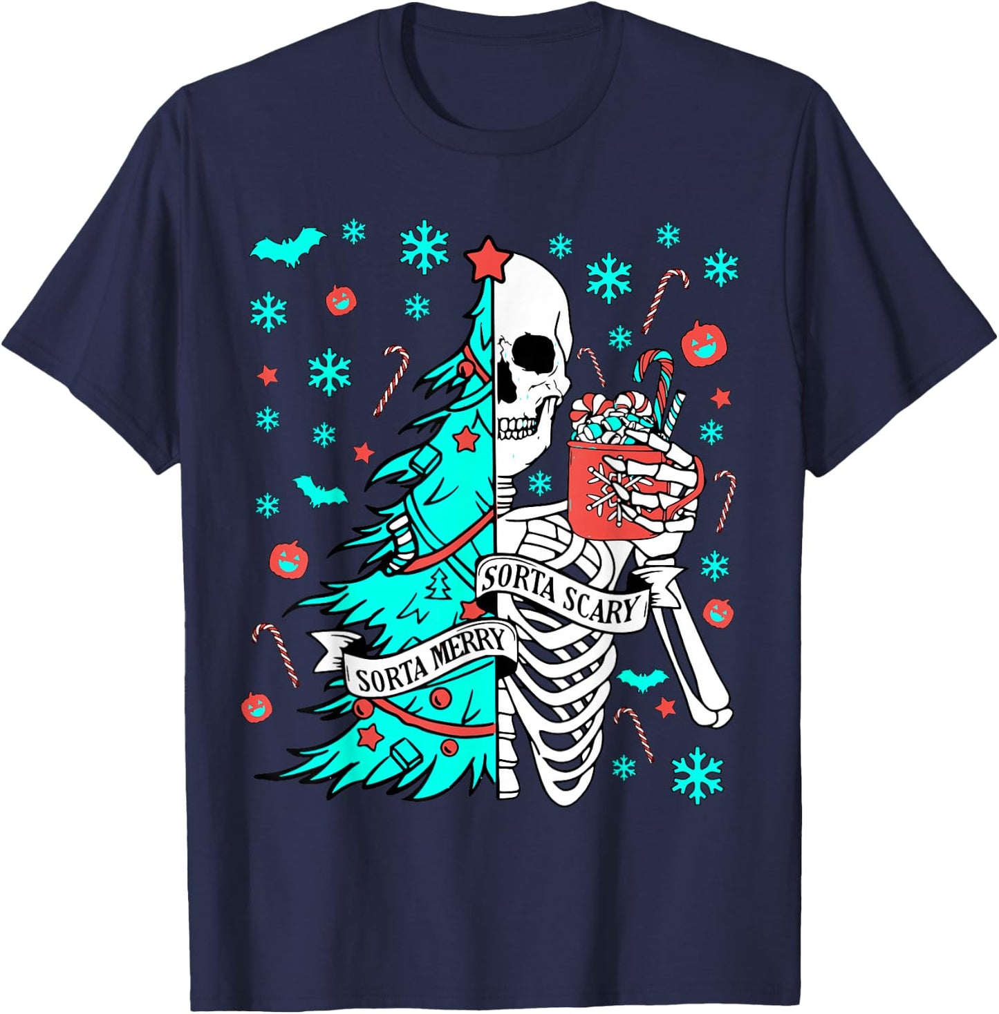 Sorta Merry Sorta Scary Funny Christmas Skeleton Tree Santa T-Shirt - T-Shirt | Navy