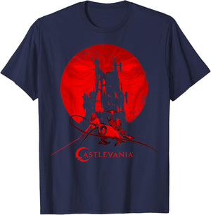 Netflix Castlevania Group Shot Red Moon Castle Silhouette T-Shirt - T-Shirt | Navy