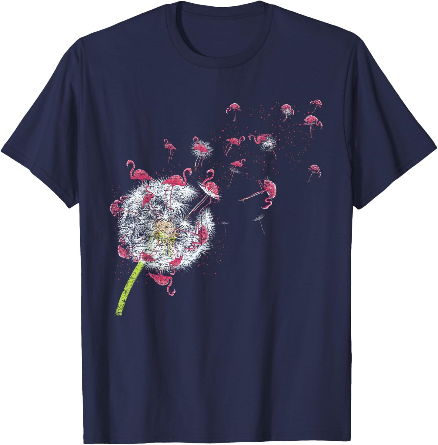 Bird Dandelion Tropical Animal Exotic Floral Pink Flamingo T-Shirt - T-Shirt | Navy