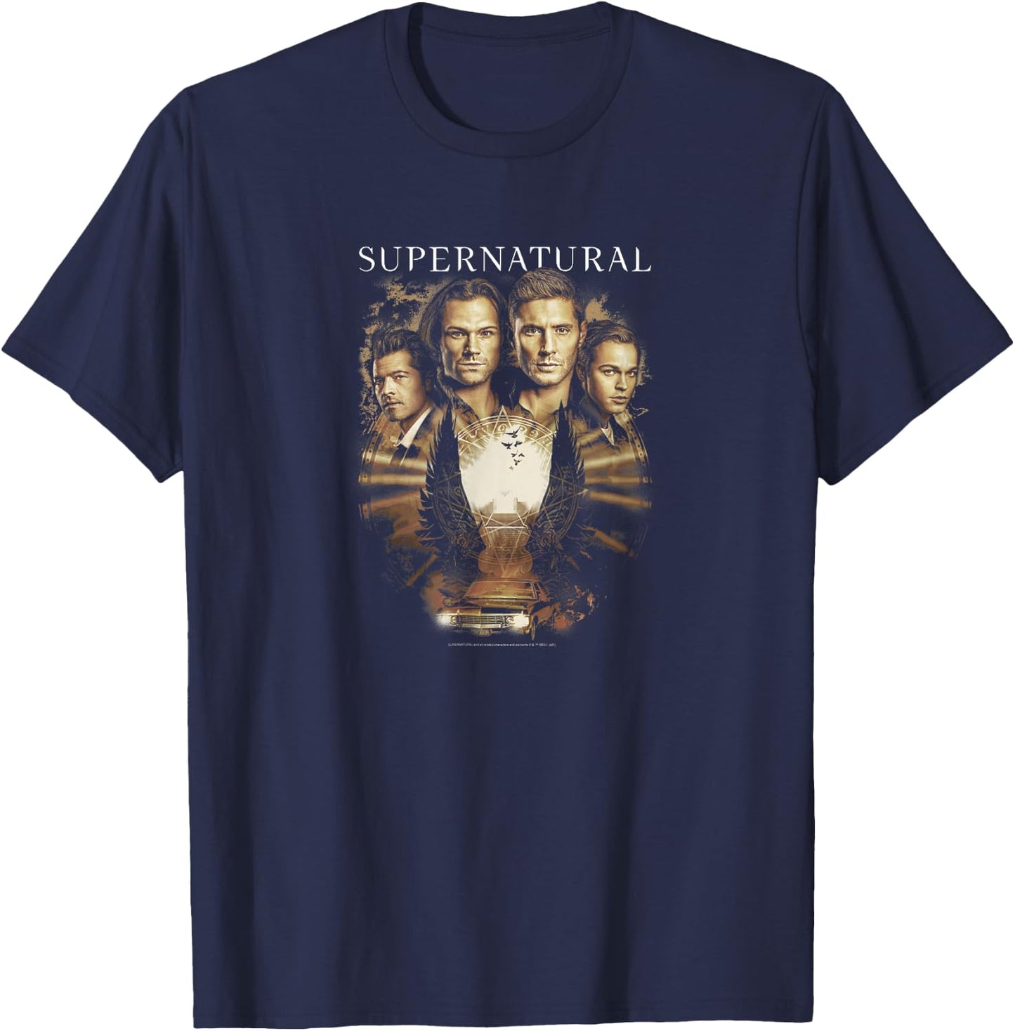 Supernatural Group Shot Sepia Tone Wings T-Shirt - T-Shirt | Navy