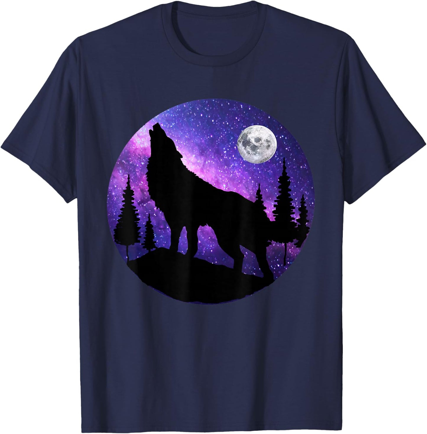 Howling Wolf Under The Full Moon With Purple Galaxy Sky T-Shirt - T-Shirt | Navy