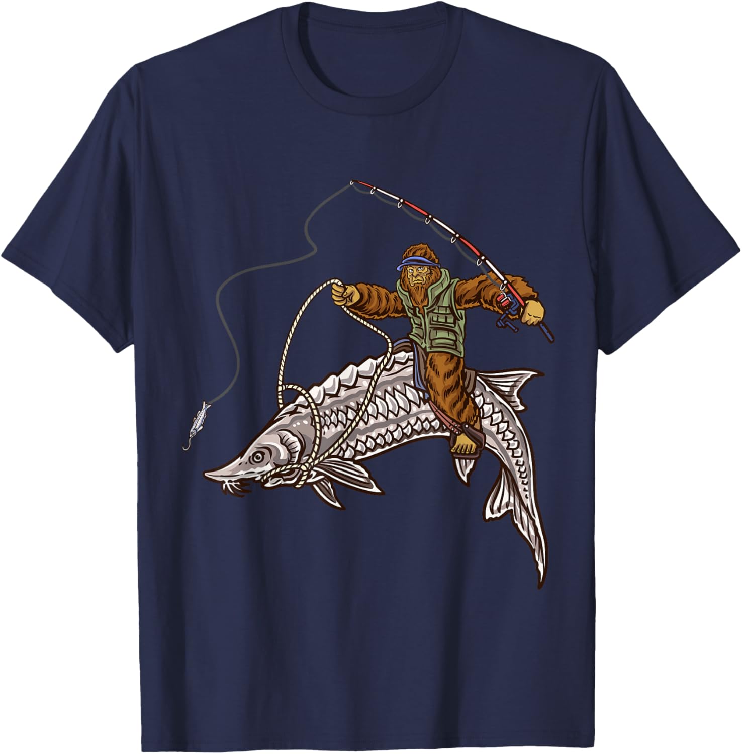 Sturgeon Fishing Bigfoot Fisherman T-Shirt - T-Shirt | Navy