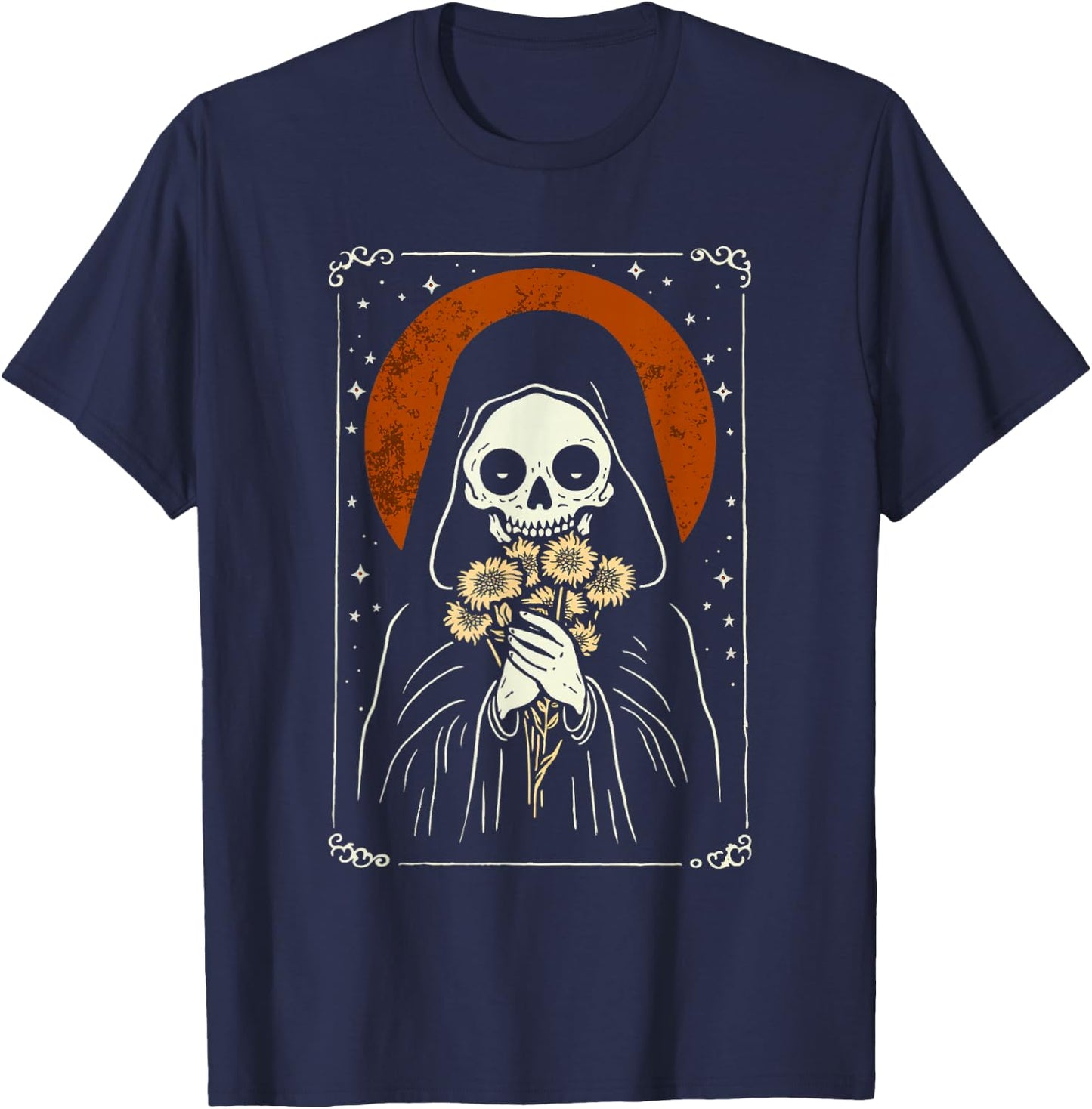 Death Brings Flowers Cute Reaper Skull And Bouquet T-Shirt - T-Shirt | Navy