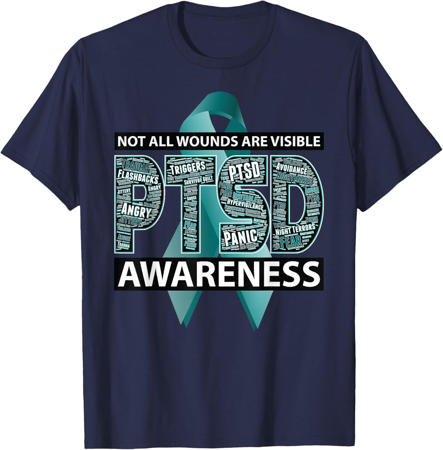 PTSD Not All Wounds Are Visible WordCloud Ribbon T-Shirt - T-Shirt | Navy