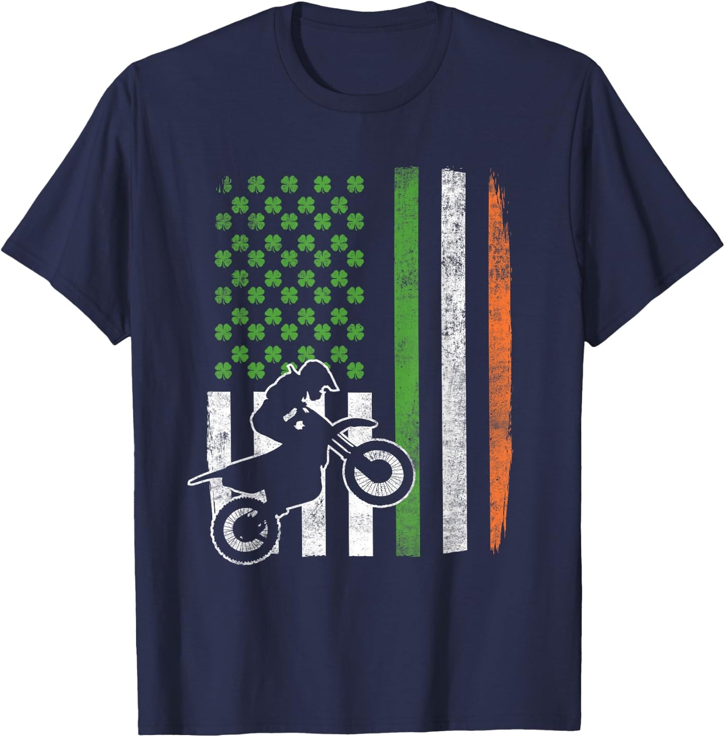 Vintage Motocross St Patricks Day Irish American Flag Gift Women Kids Men T-Shirt - T-Shirt | Navy