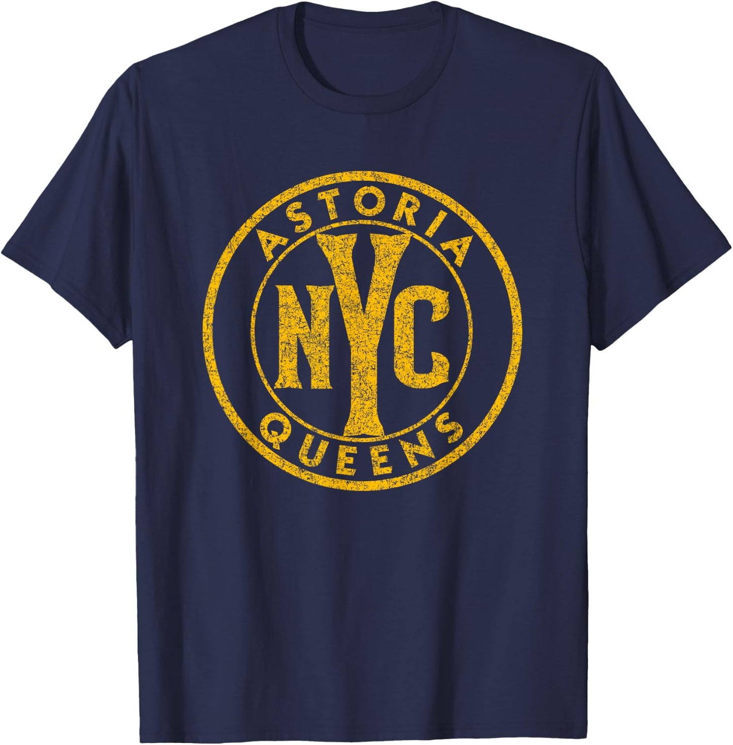 Astoria Queens NYC Circle Sign Distressed Amber Print T-Shirt - T-Shirt | Navy