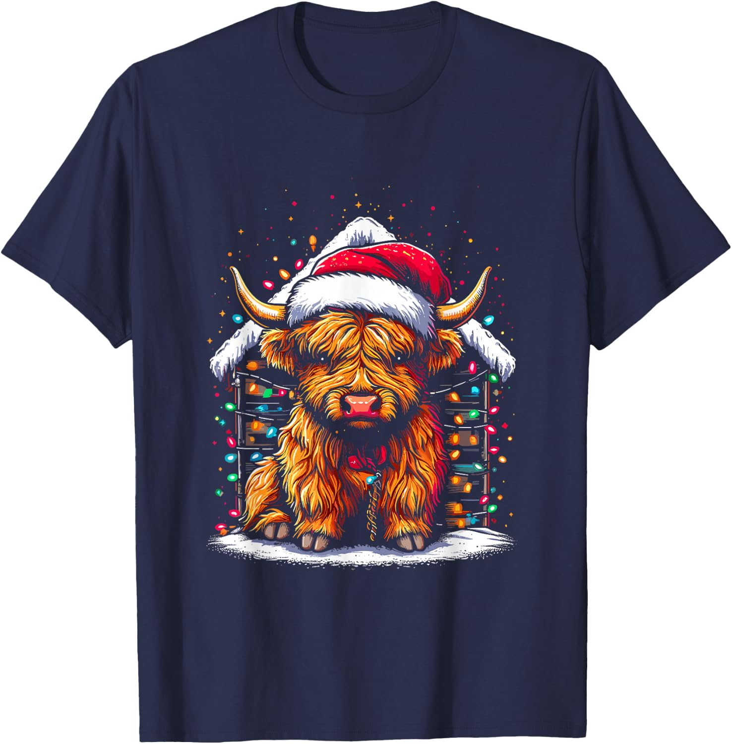 Highland Cow Santa Claus Hat - Cute Xmas Cow Christmas Lover T-Shirt - T-Shirt | Navy