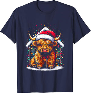 Highland Cow Santa Claus Hat - Cute Xmas Cow Christmas Lover T-Shirt - T-Shirt | Navy