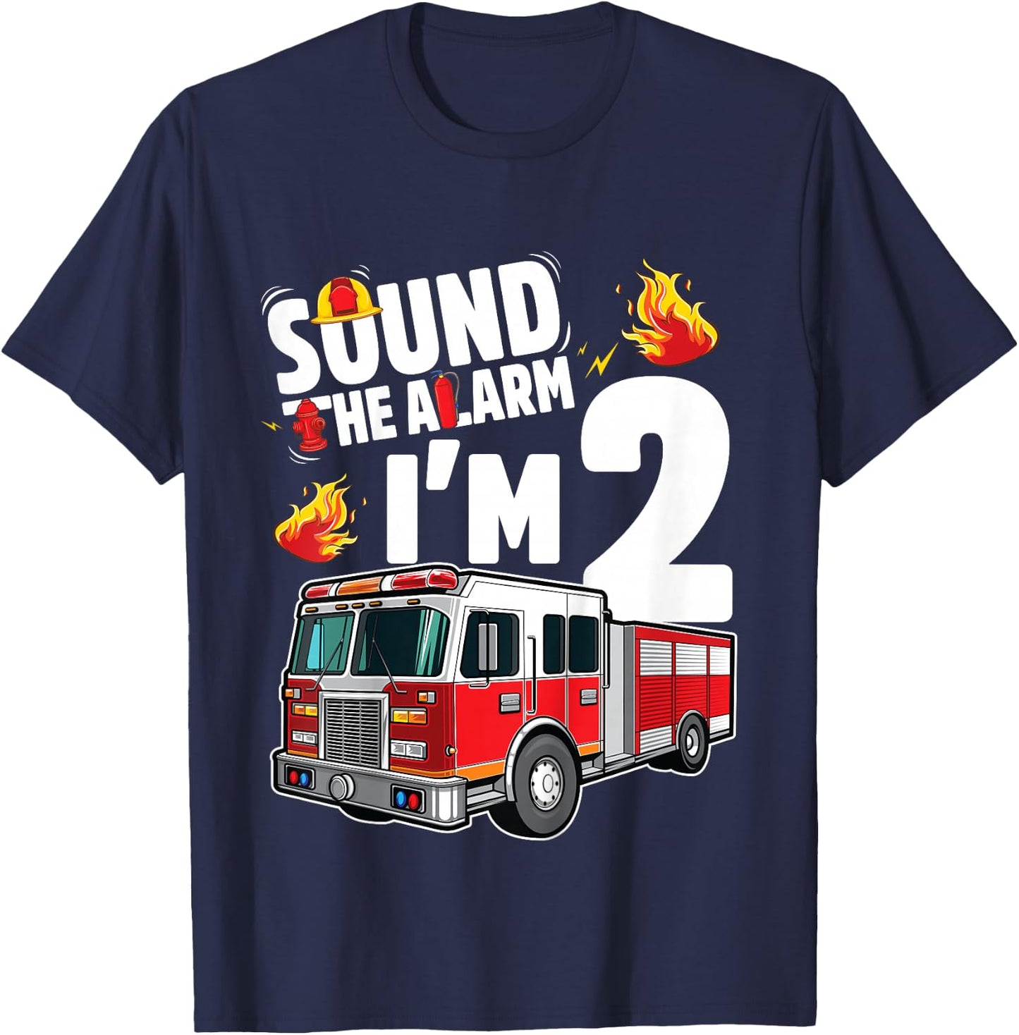 Fire Truck 2nd Birthday Boy Firefighter 2 Year Old T-Shirt - T-Shirt | Navy