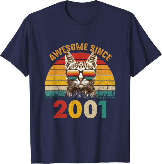 24th Birthday Vintage Cat Lover Gift Awesome Since 2001 Women T-Shirt - T-Shirt | Navy