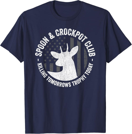 Spoon And Crockpot Club Funny Deer Hunter Hunting Joke Gift T-Shirt - T-Shirt | Navy