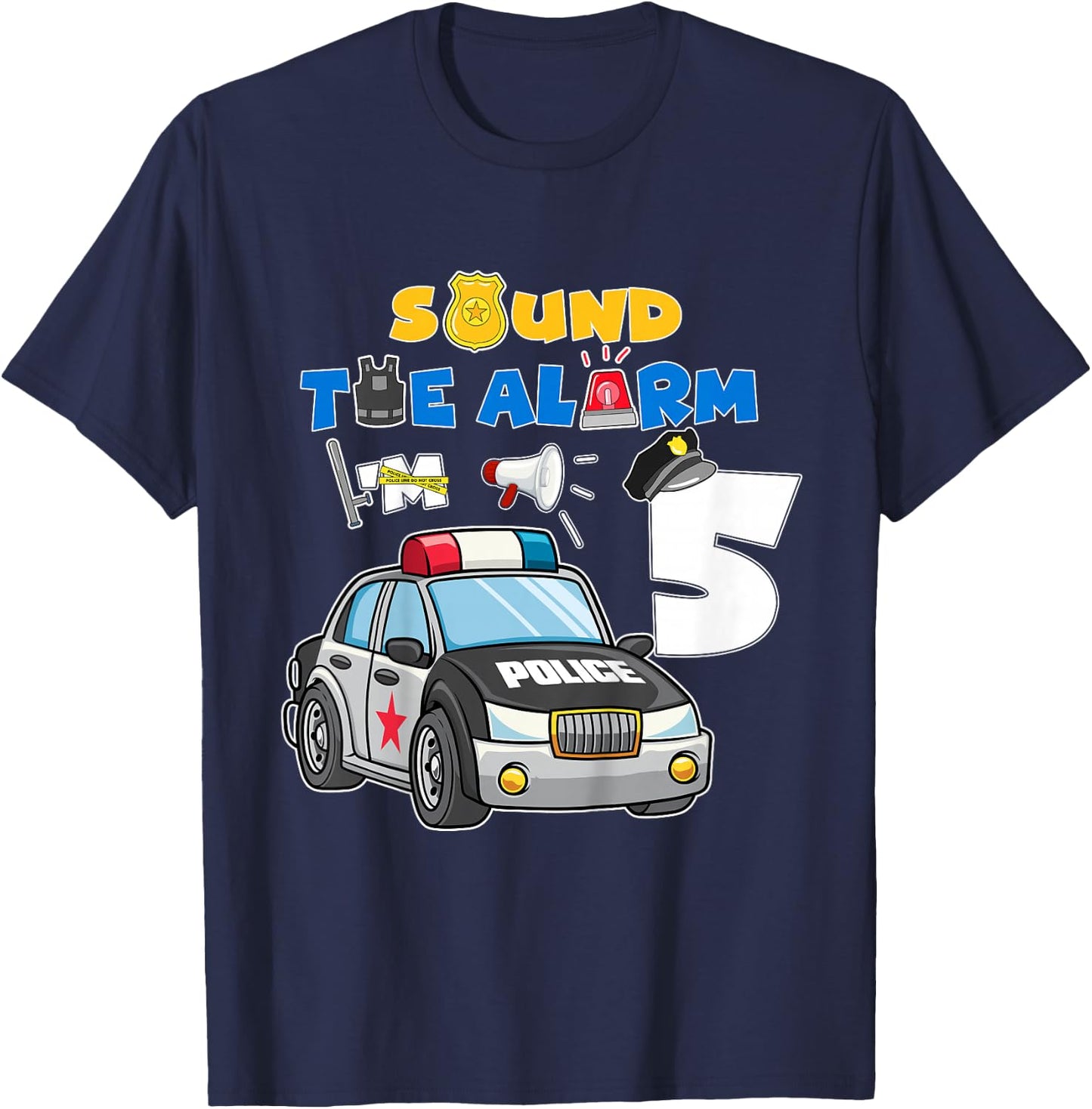 Sound Alarm 5 Year Old Police Cars 5th Birthday Boy T-Shirt - T-Shirt | Navy