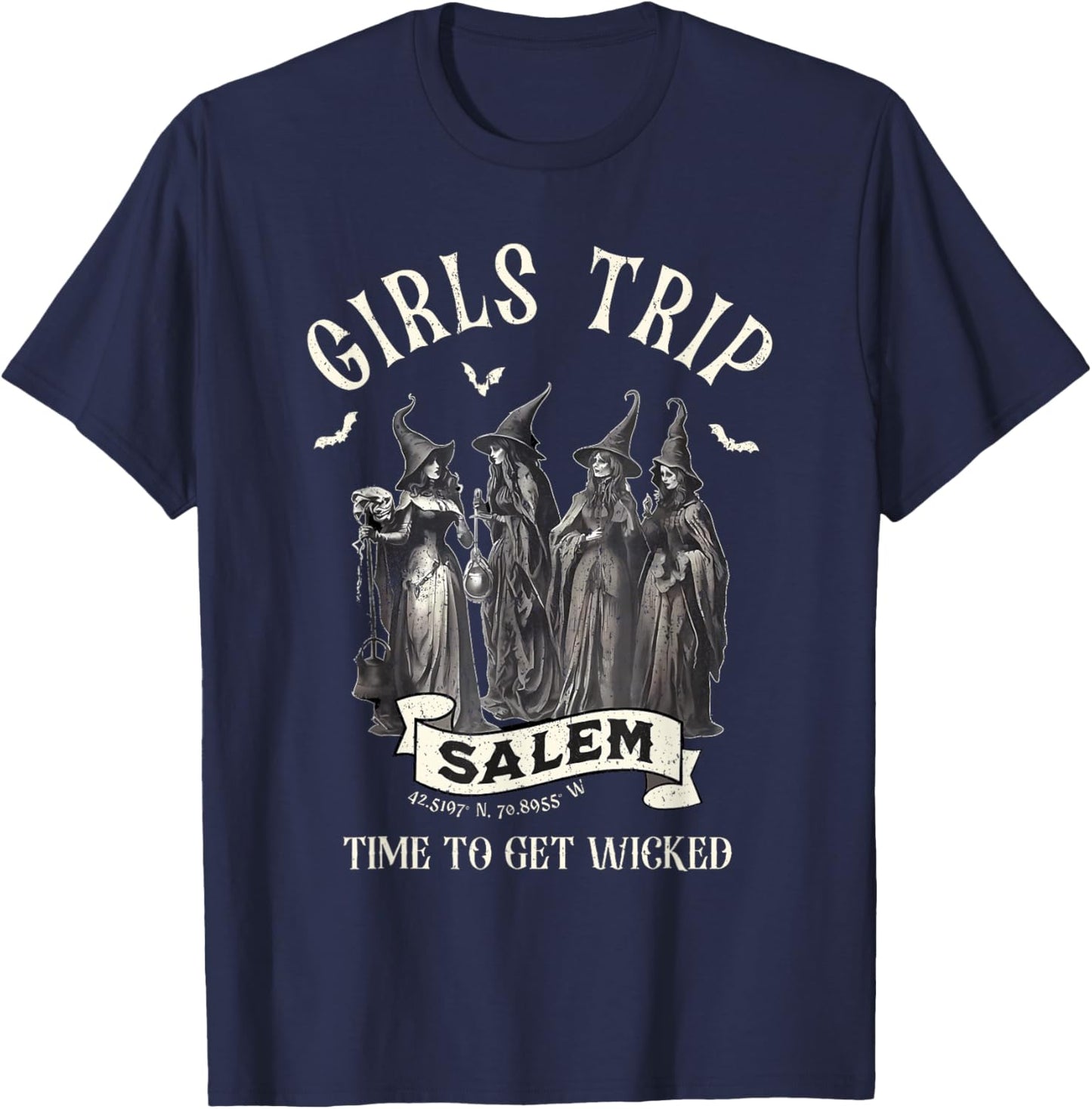 Vintage Girls Trip to Salem Time To Get Wicked Halloween T-Shirt - T-Shirt | Navy