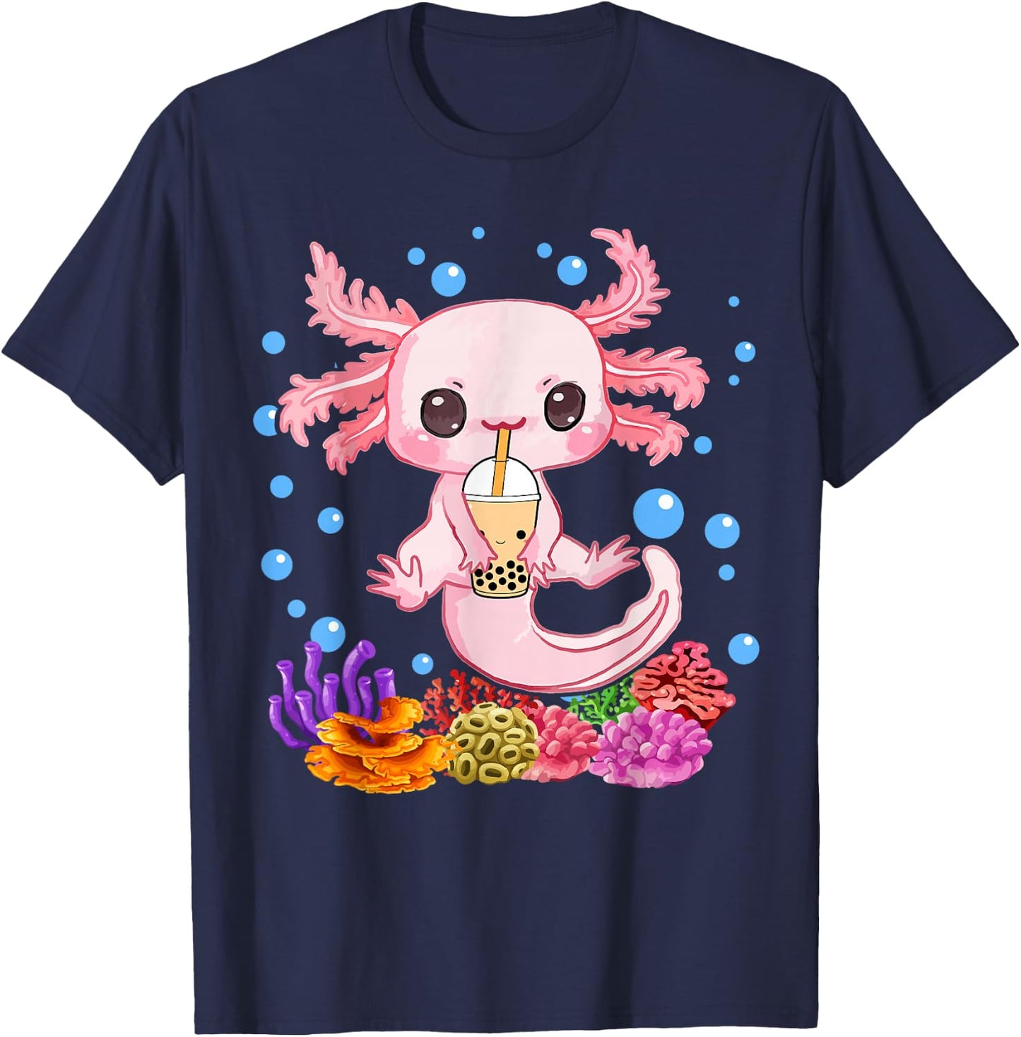 Axolotl Boba Tea Bobalotl Kids Teen Girl Cute Graphic Kawaii T-Shirt - T-Shirt | Navy