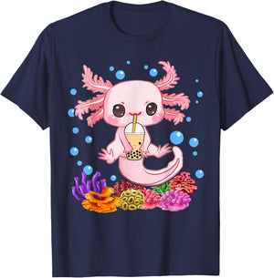 Axolotl Boba Tea Bobalotl Kids Teen Girl Cute Graphic Kawaii T-Shirt - T-Shirt | Navy