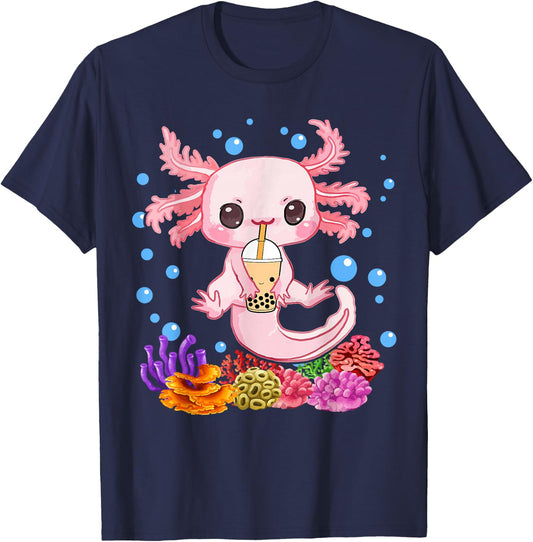 Axolotl Boba Tea Bobalotl Kids Teen Girl Cute Graphic Kawaii T-Shirt - T-Shirt | Navy