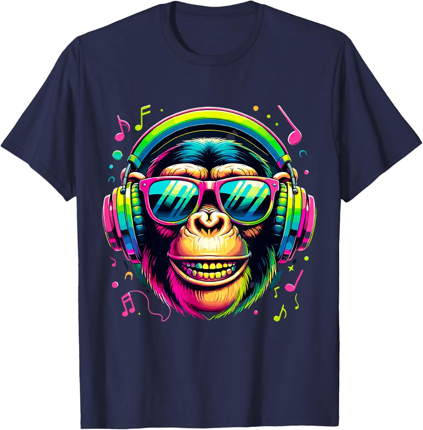 Monkey Chimp with Headphones Music Lover T-Shirt - T-Shirt | Navy
