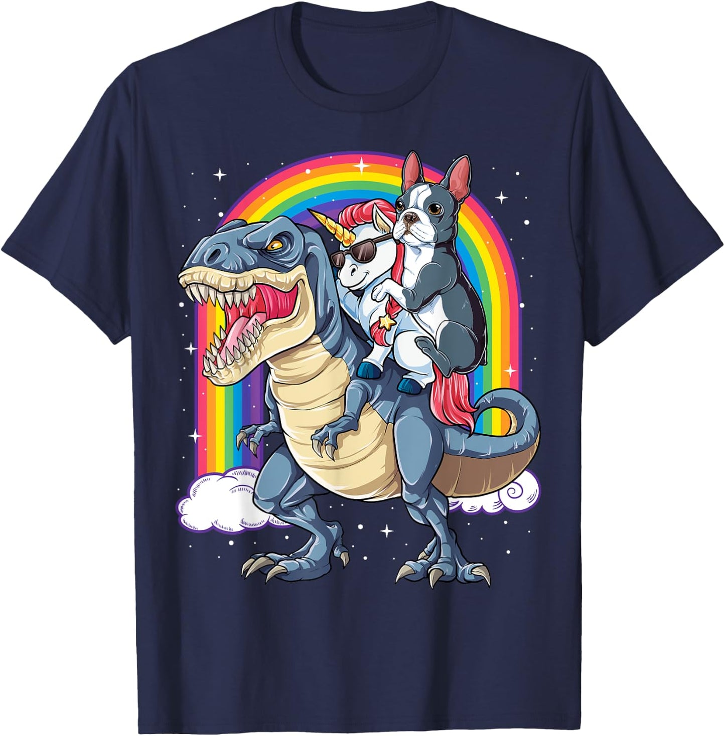 Boston Terrier Unicorn Riding Dinosaur T-rex Girls Rainbow T-Shirt - T-Shirt | Navy