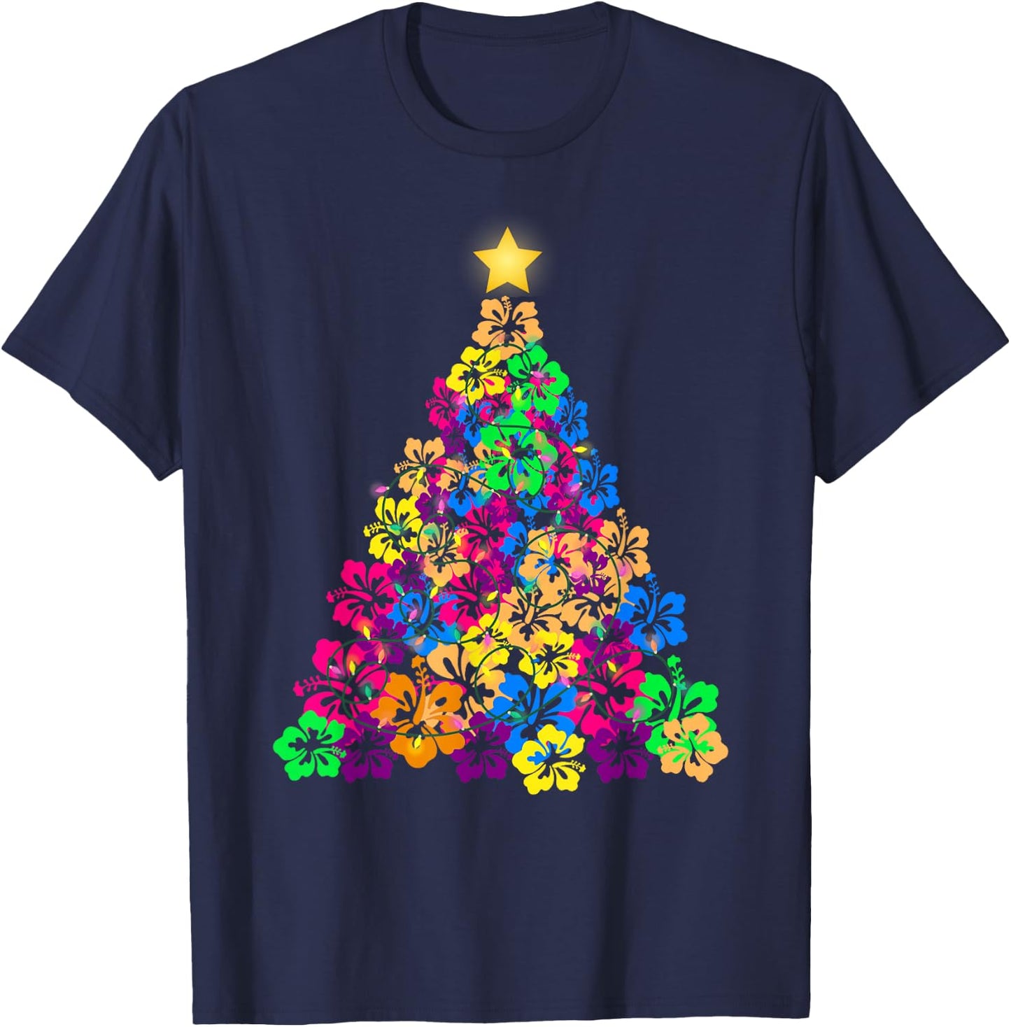 Hawaiian Christmas Hibiscus Flower Tree Hawaii Tropical xmas T-Shirt - T-Shirt | Navy