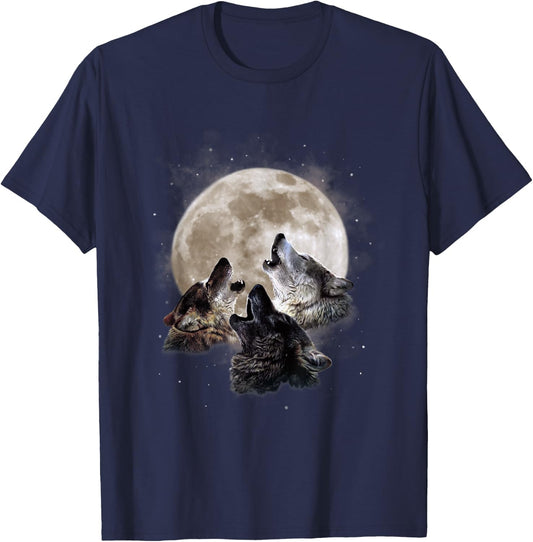 Three Wolves Howling at the Moon - Wolf Lover T-Shirt - T-Shirt | Navy