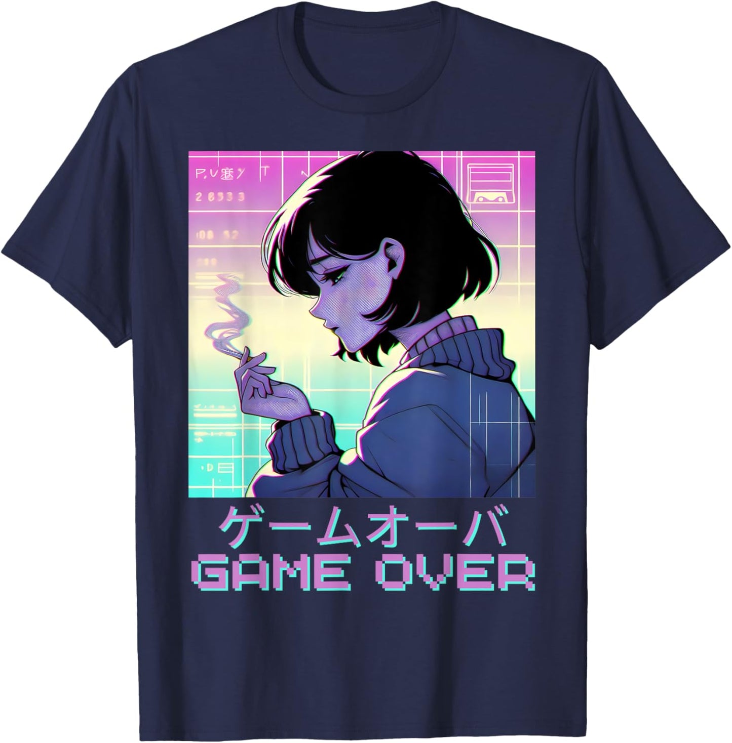 90s Japanese Sad Anime Girl Game Over Vaporwave Aesthetic T-Shirt - T-Shirt | Navy