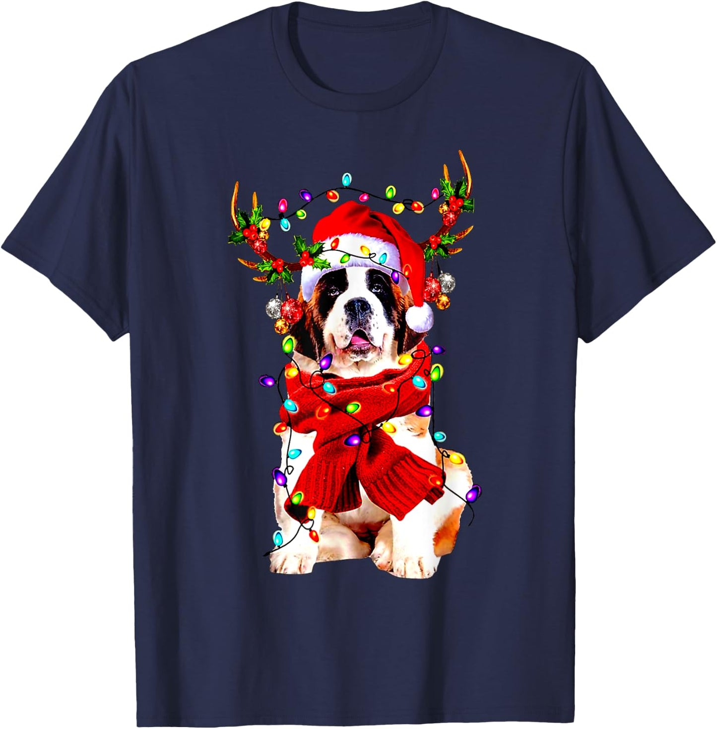 Funny St Bernard gorgeous reindeer Light Christmas T-Shirt - T-Shirt | Navy