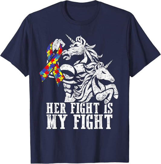 Her Fight is My Fight Autism Ribbon Unicorn Dad Daughter T-Shirt - T-Shirt | Navy