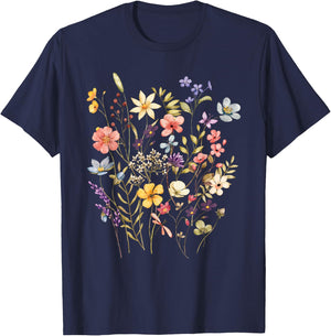 Vintage Flowers Women Wildflower Graphic Floral Gardening T-Shirt - T-Shirt | Navy
