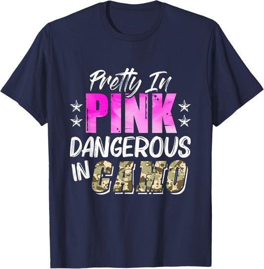 Pretty Cute Pink Dangerous In Camo Hunting Girl T-Shirt - T-Shirt | Navy