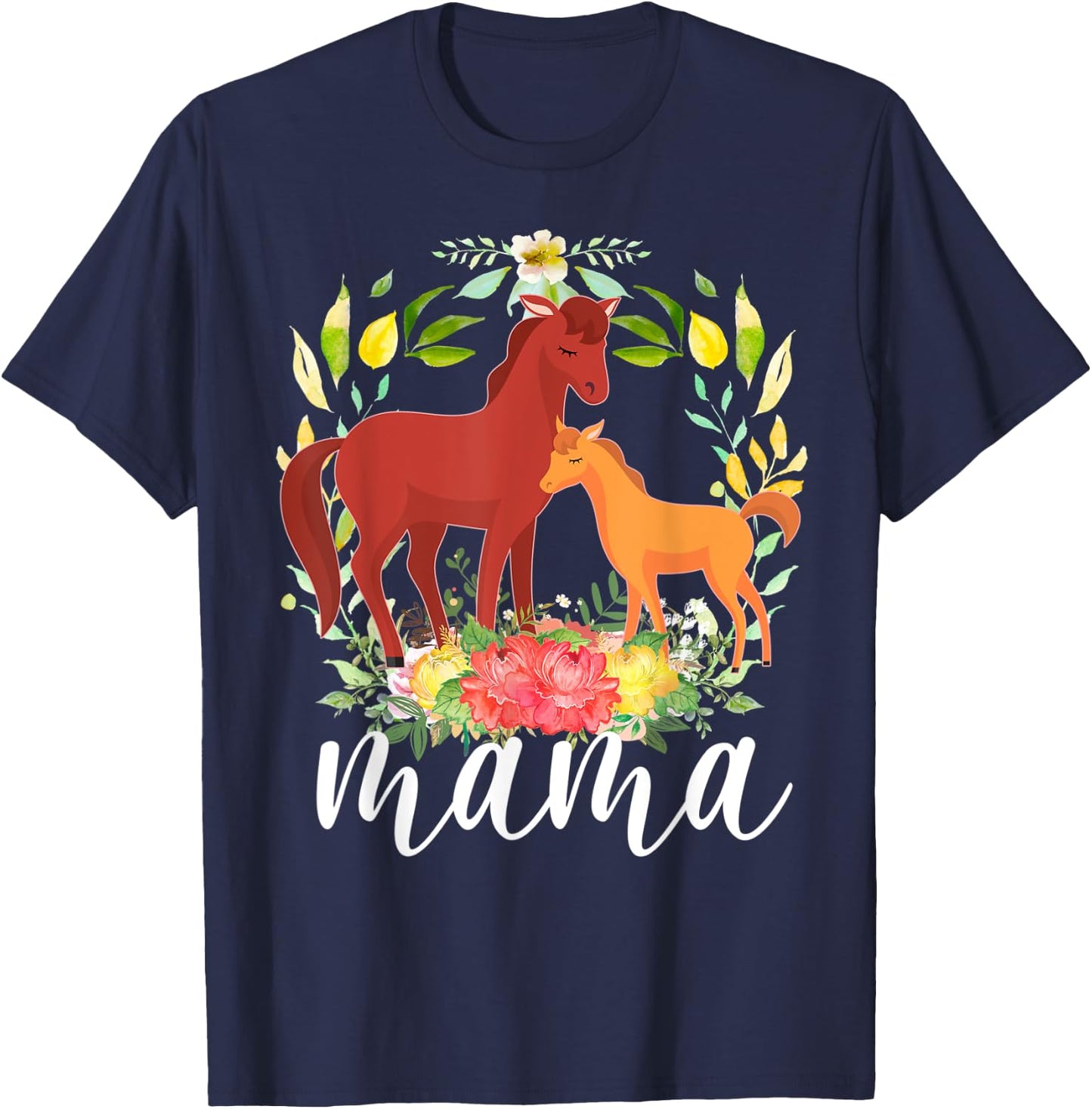 Flowers Mom Horse & Baby Horse - Animal Mama Mother's Day T-Shirt - T-Shirt | Navy