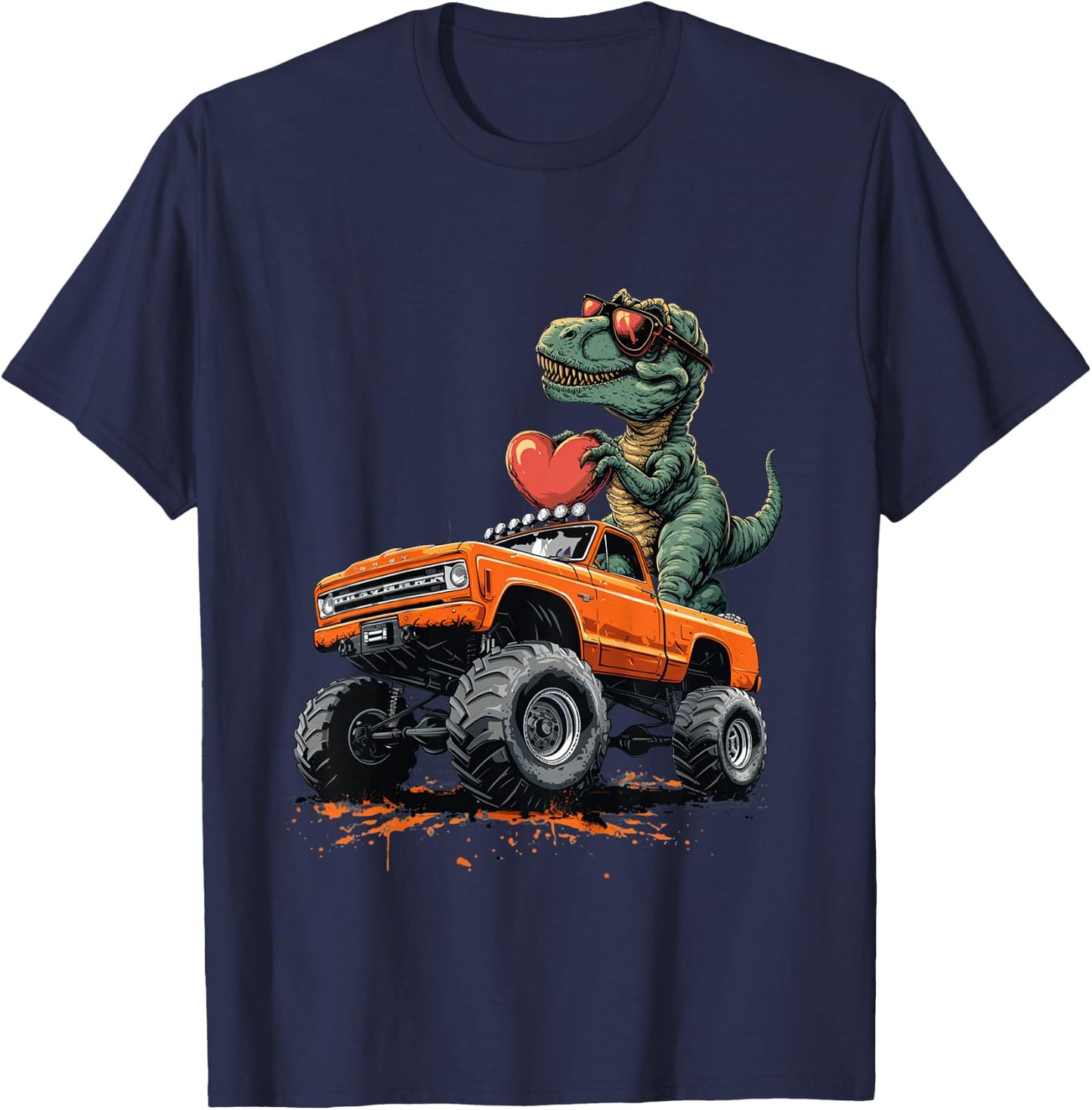 Kids Valentines Day T Rex Riding Monster Truck Funny Toddler Boys T-Shirt - T-Shirt | Navy