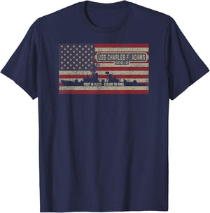 USS Charles F Adams DDG-2 Destroyer Ship USA American Flag T-Shirt - T-Shirt | Navy