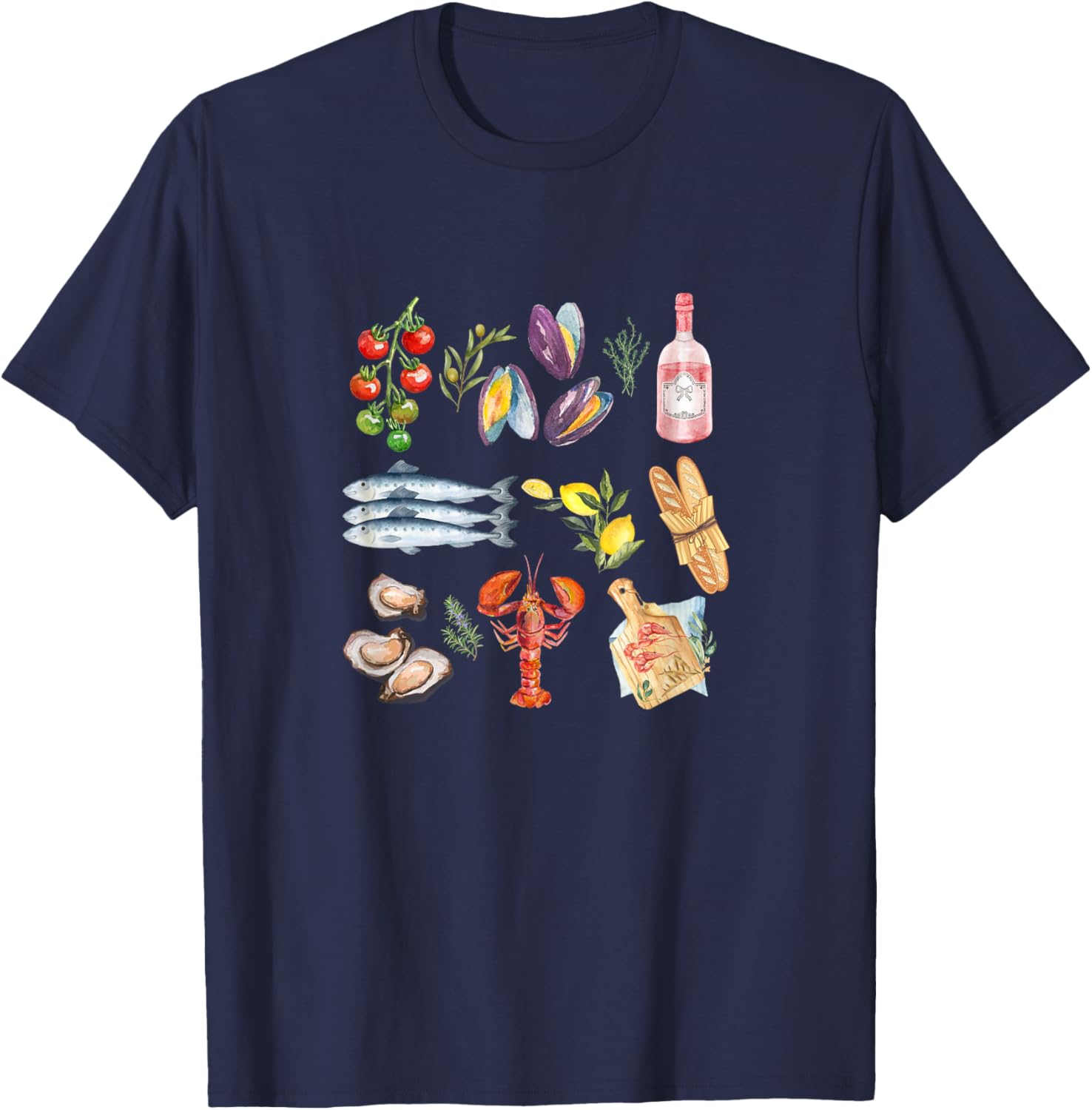 Italian Summer Scrapbook with seafood coastal Mediterranean Men Women Kids T-Shirt - T-Shirt | Navy
