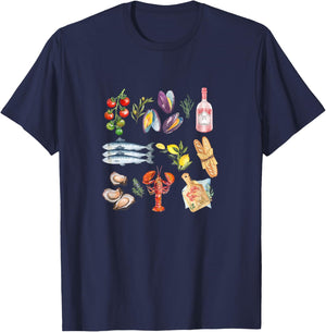 Italian Summer Scrapbook with seafood coastal Mediterranean Men Women Kids T-Shirt - T-Shirt | Navy