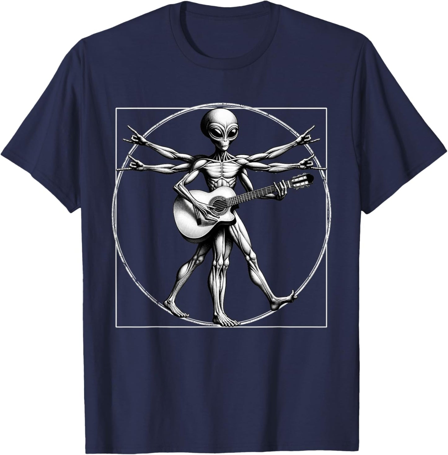 Vitruvian Man Alien Guitarist Funny Music Festival Rock On A T-Shirt - T-Shirt | Navy