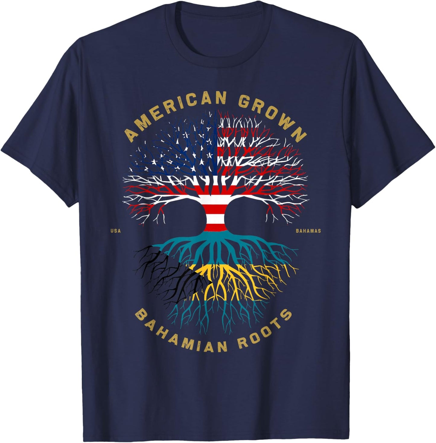 American Grown With Bahamian Roots Tree USA Flag Gifts T-Shirt - T-Shirt | Navy