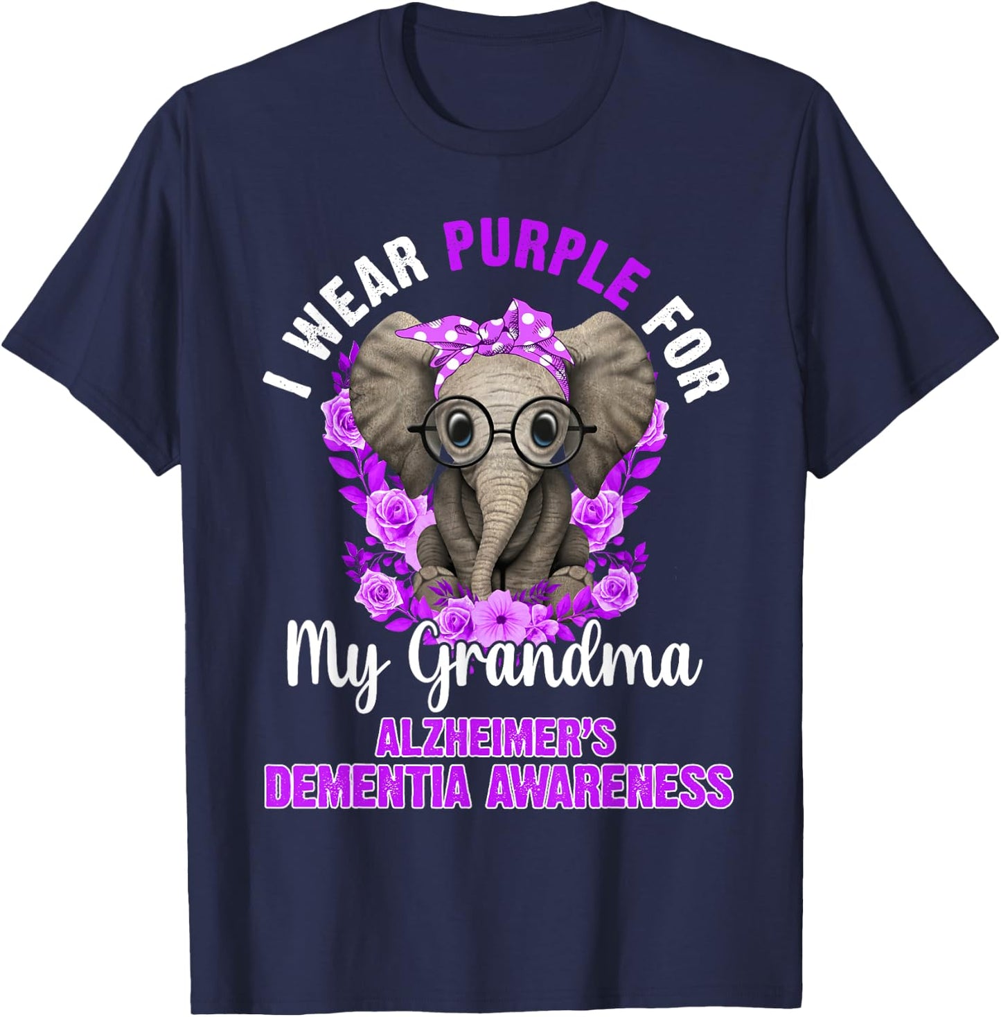 I Wear Purple For Grandma Dementia Awareness Elephant T-Shirt - T-Shirt | Navy