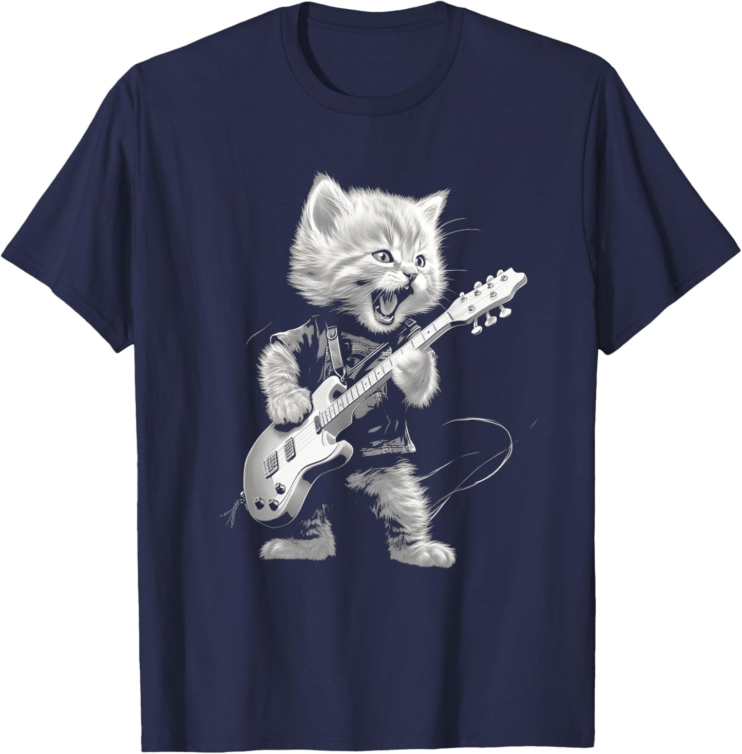 Rock Cat Playing Guitar Funny Guitar Cat Design T-Shirt - T-Shirt | Navy