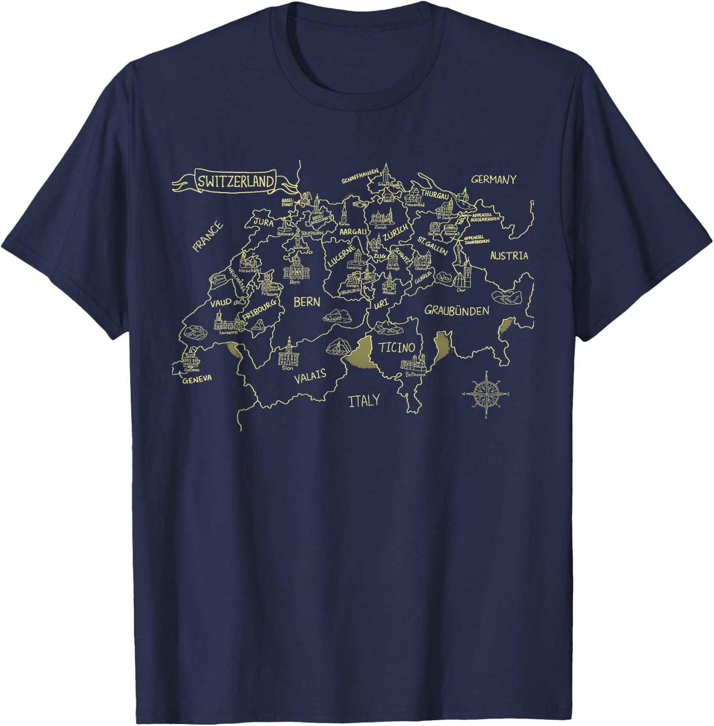 Switzerland Country Map Outline T-Shirt - T-Shirt | Navy