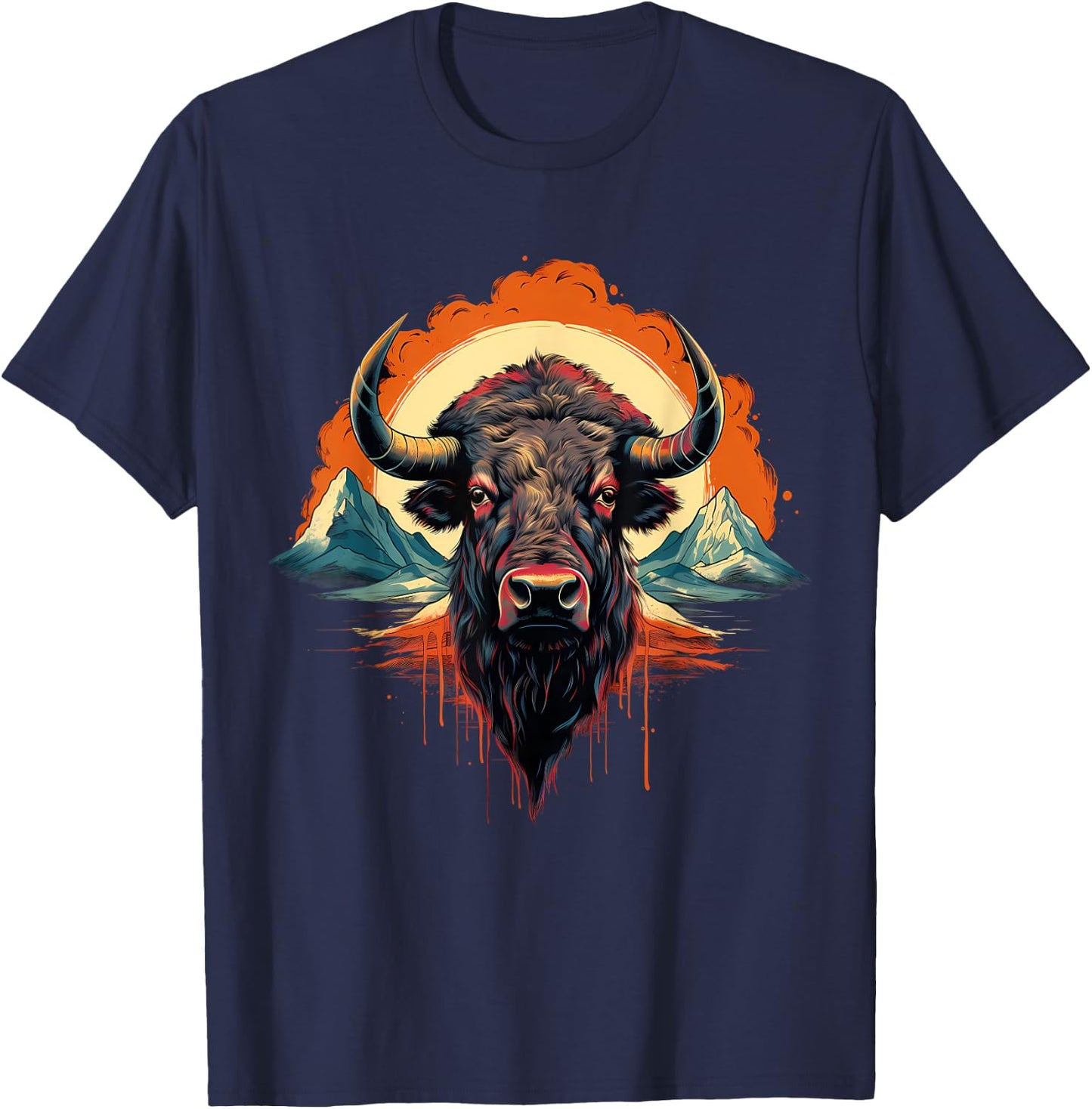 Buffalo Colorful Motif Artwork Wildlife Safari Nature Bison T-Shirt - T-Shirt | Navy