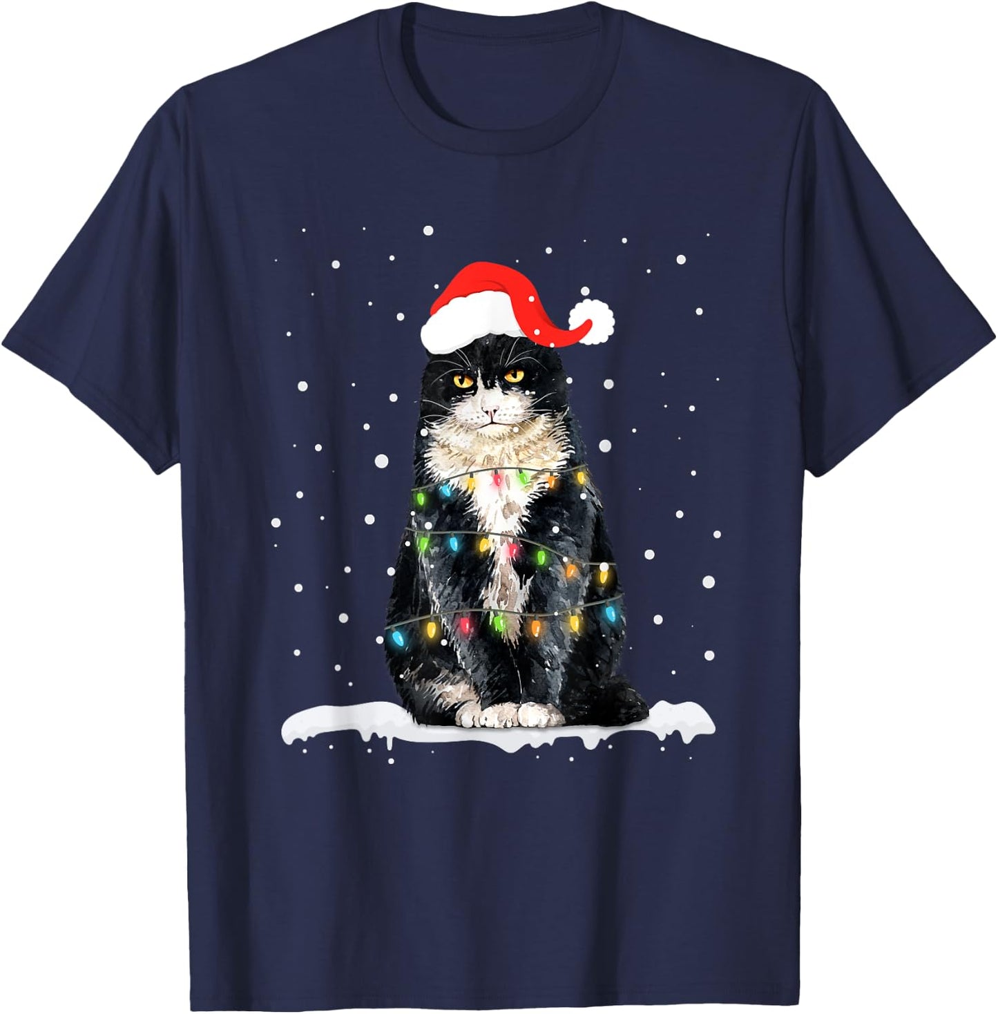 Funny Santa Cat Christmas Lights Holiday Gift Men Women Kids T-Shirt - T-Shirt | Navy