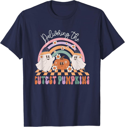 Delivering Cutest Pumpkins Ghost Halloween Labor & Delivery T-Shirt - T-Shirt | Navy