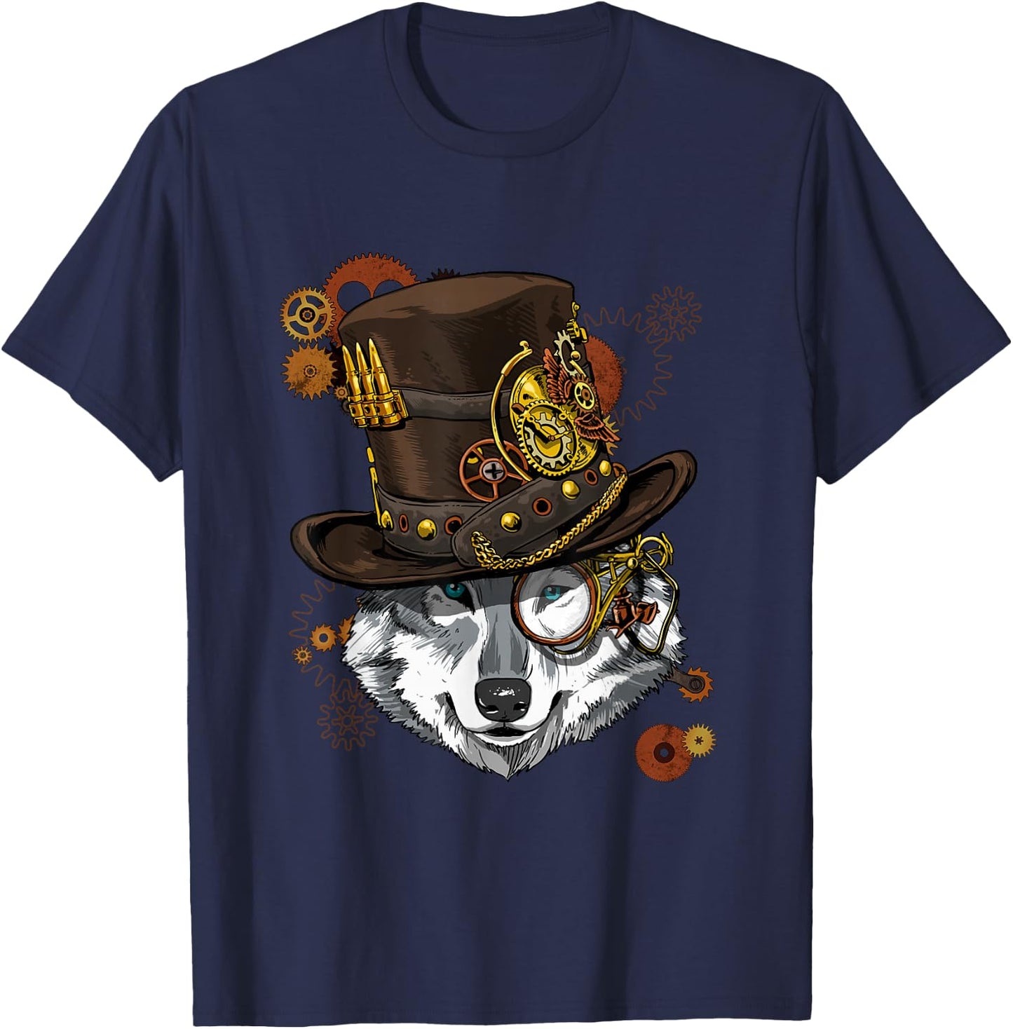 Wowsome! Steampunk Wolf Lovers - Black, -Adults, Short Sleeve, XS, US, Regular, Small T-Shirt - T-Shirt | Navy