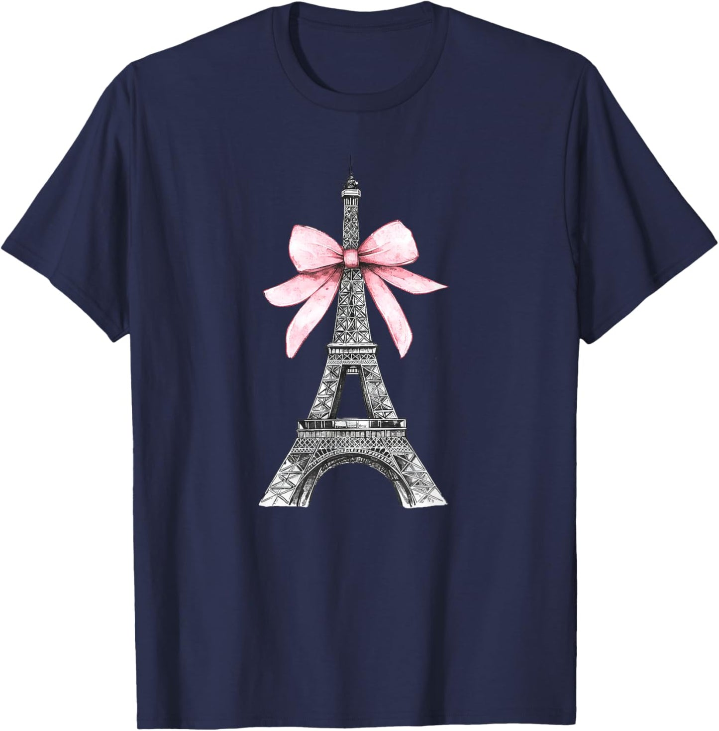 Romantic Paris Eiffel Tower with Pink Bow Vintage Art T-Shirt - T-Shirt | Navy