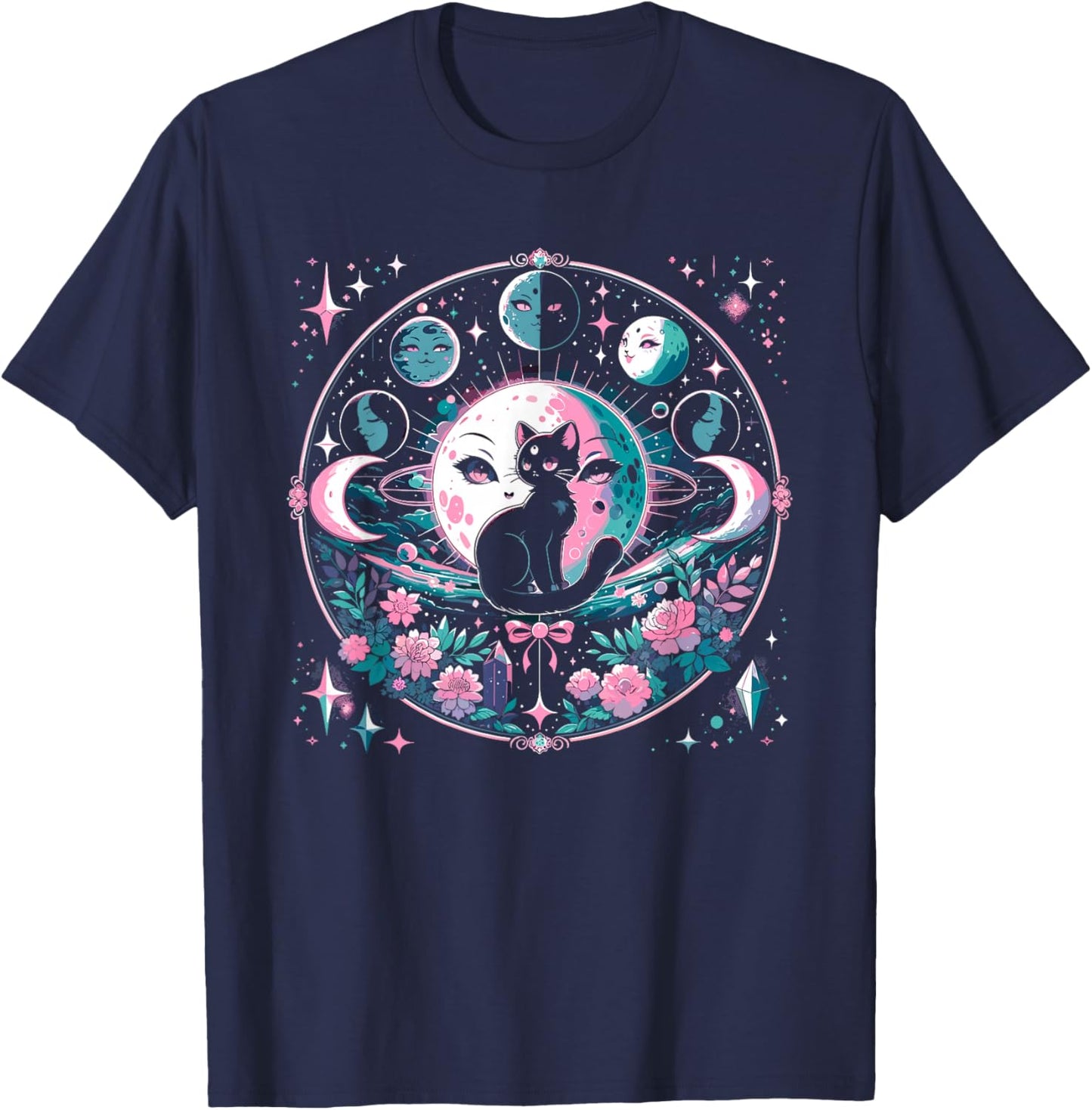 Moon Phases Crystal Witchy Cute Black Cat Kawaii Pastel Goth T-Shirt - T-Shirt | Navy
