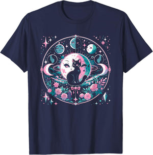 Moon Phases Crystal Witchy Cute Black Cat Kawaii Pastel Goth T-Shirt - T-Shirt | Navy