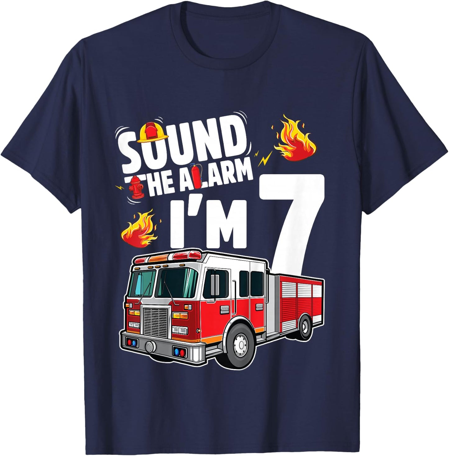 Fire Truck 7th Birthday Boy Firefighter 7 Year Old T-Shirt - T-Shirt | Navy