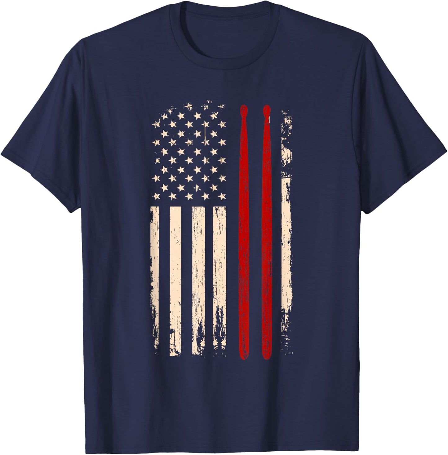 Vintage Drum Sticks American Flag Funny Drummer Gift T-Shirt - T-Shirt | Navy