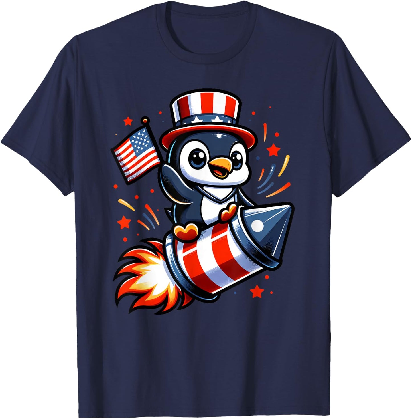 4th July Penguin Fireworks American USA Flag Boys Girls T-Shirt - T-Shirt | Navy