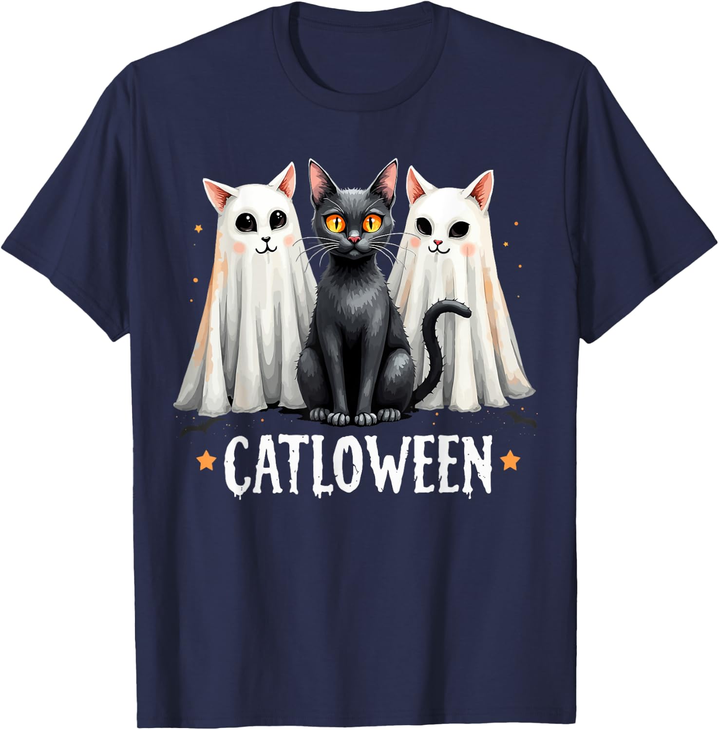 Catloween Cute Ghost Cats and Black Cat Halloween T-Shirt - T-Shirt | Navy